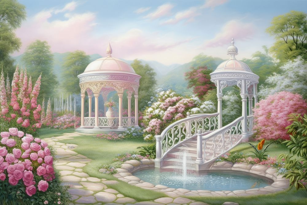Painting of rose garden architecture outdoors nature.