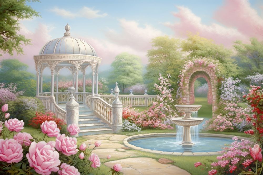 Painting of rose garden architecture outdoors flower.