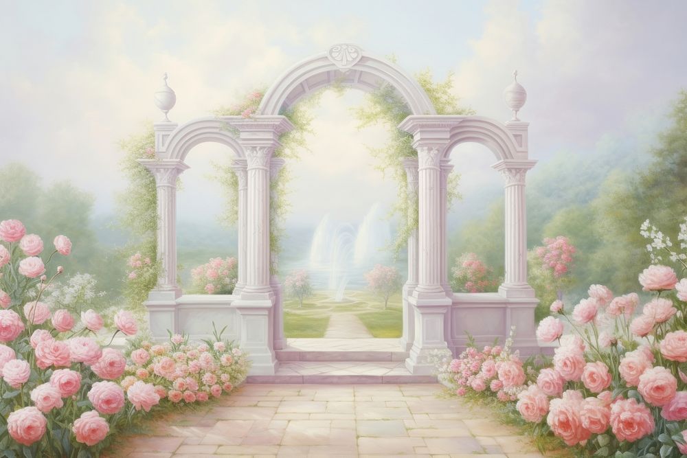 Painting of rose garden architecture outdoors flower.