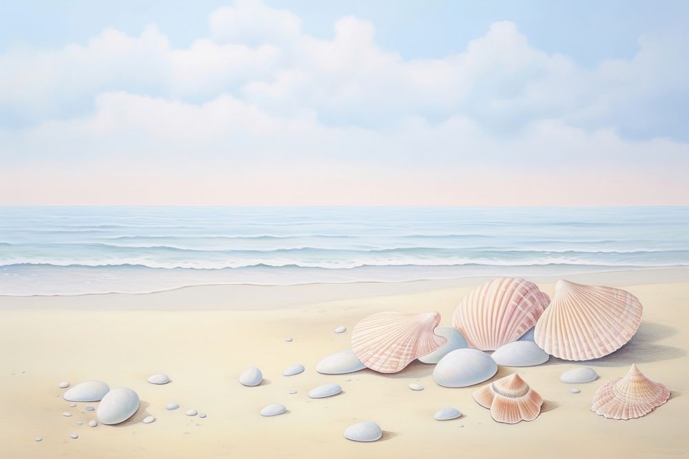 Painting of shells on the beach seashell outdoors horizon.