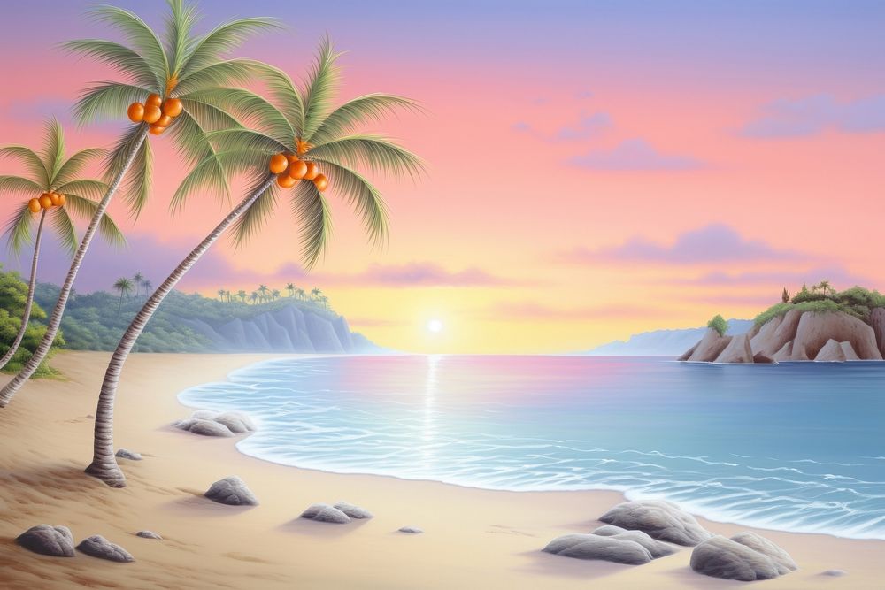 Painting of sunset beach landscape outdoors nature.
