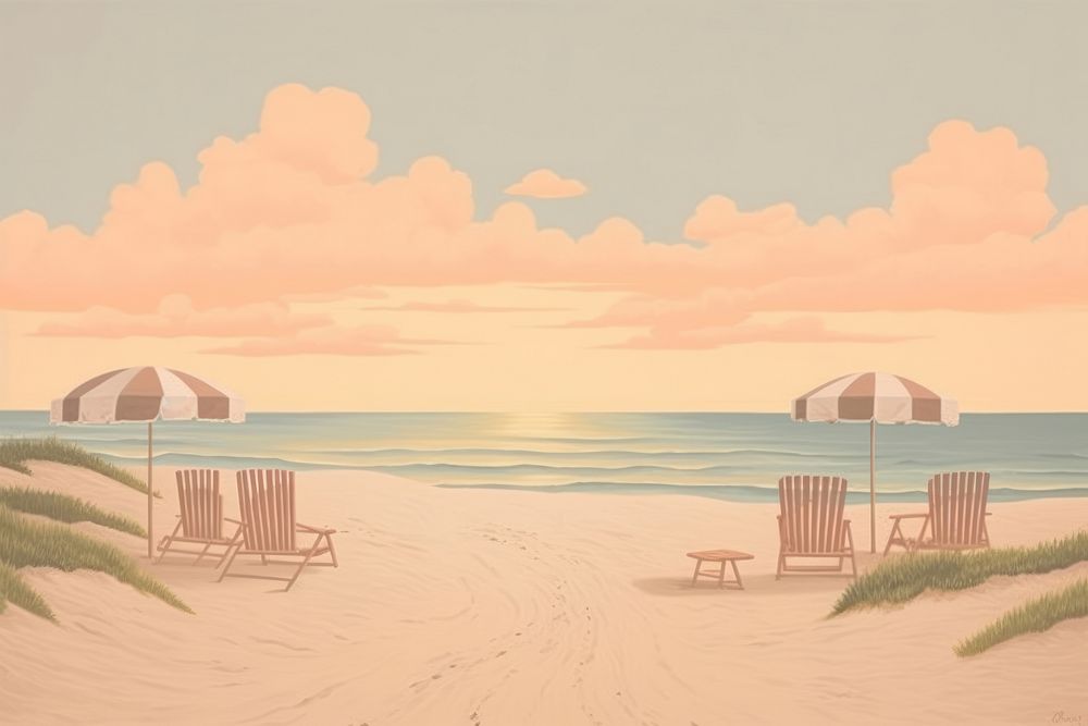Painting of sunset beach architecture landscape furniture.