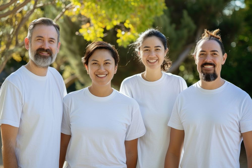 Volunteer men and women standing smiling outdoors t-shirt adult.