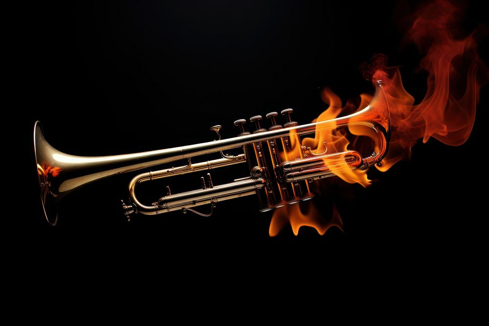 Trumpet horn fire black background.