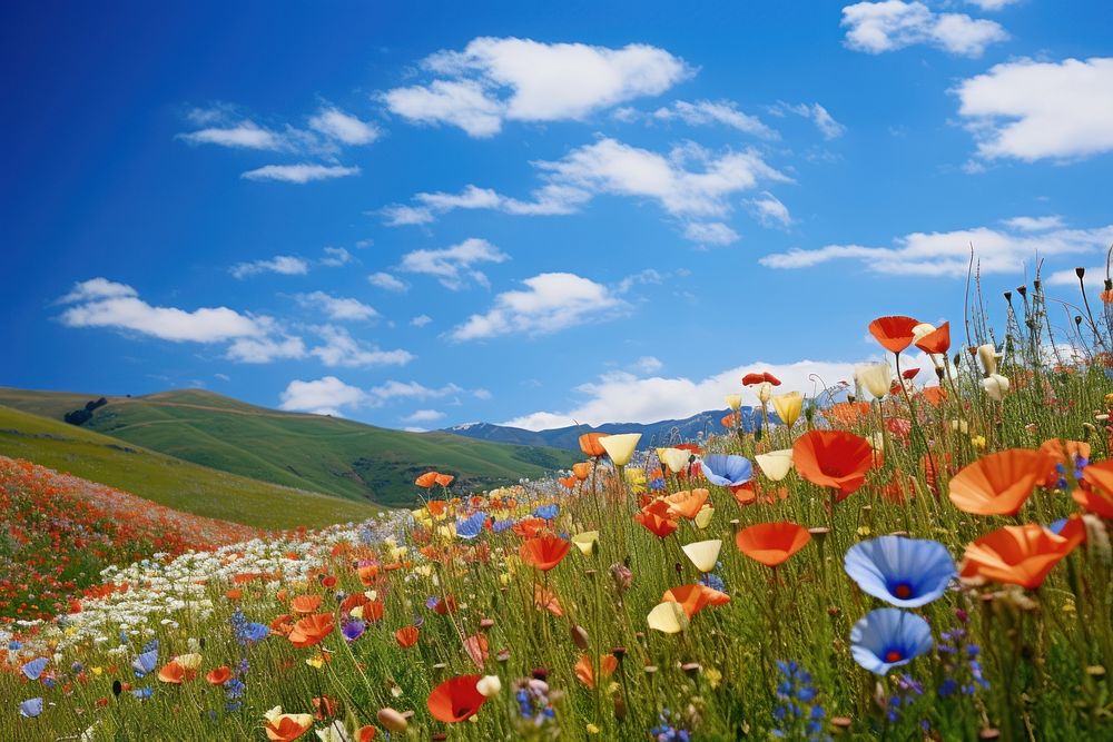 Photo of wild flower hills sky landscape grassland.