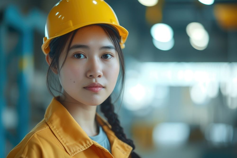 Mixed race asian women engineer hardhat helmet contemplation.