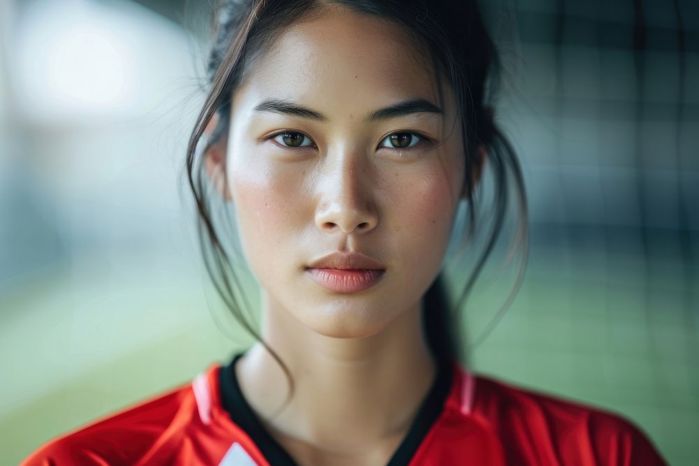 Mixed race asian women soccer player skin red contemplation.