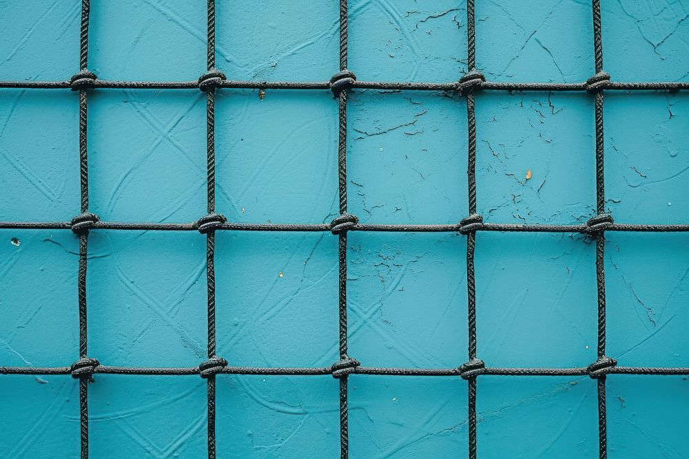 A black grid fence outdoors blue wall.