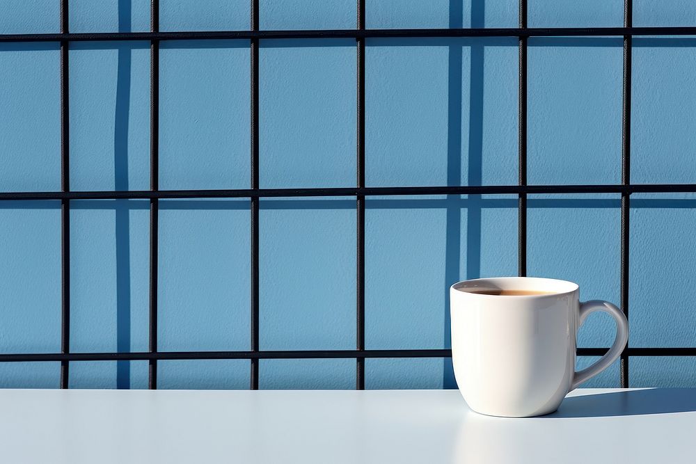 A coffee cup is on a black grid fence wall drink blue.