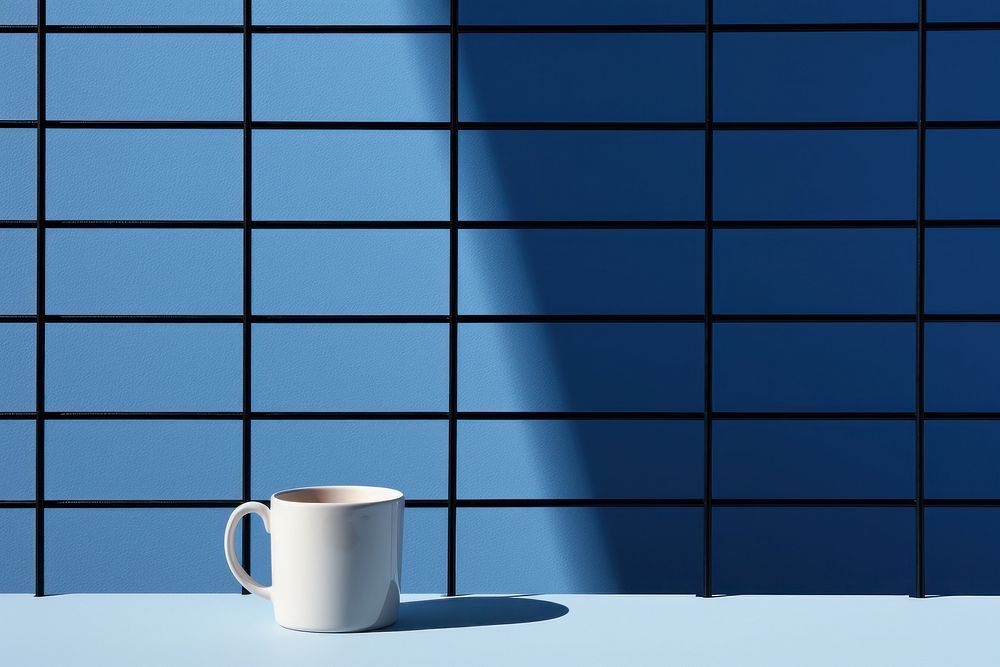 A coffee cup is on a black grid fence wall blue mug.