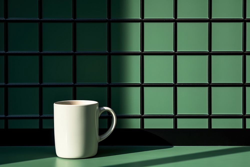 A coffee cup is on a black grid fence drink green wall.
