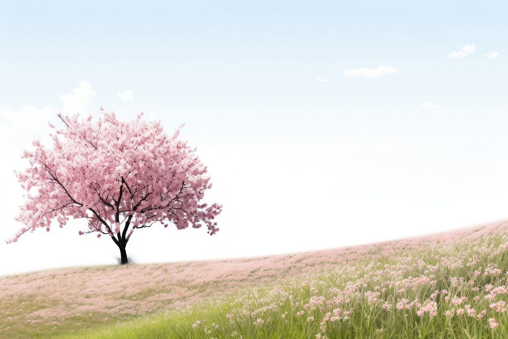 Hilly grass field with cherry blossom trees outdoors nature flower.
