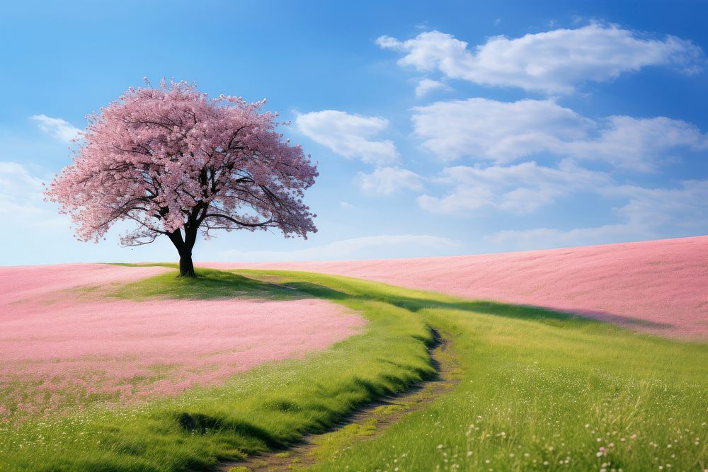 Hilly grass field with cherry blossom trees landscape outdoors nature.