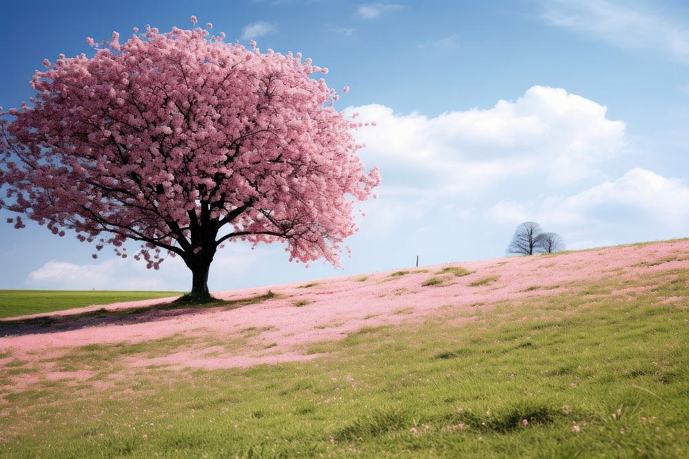 Hilly grass field with cherry blossom trees outdoors nature flower.