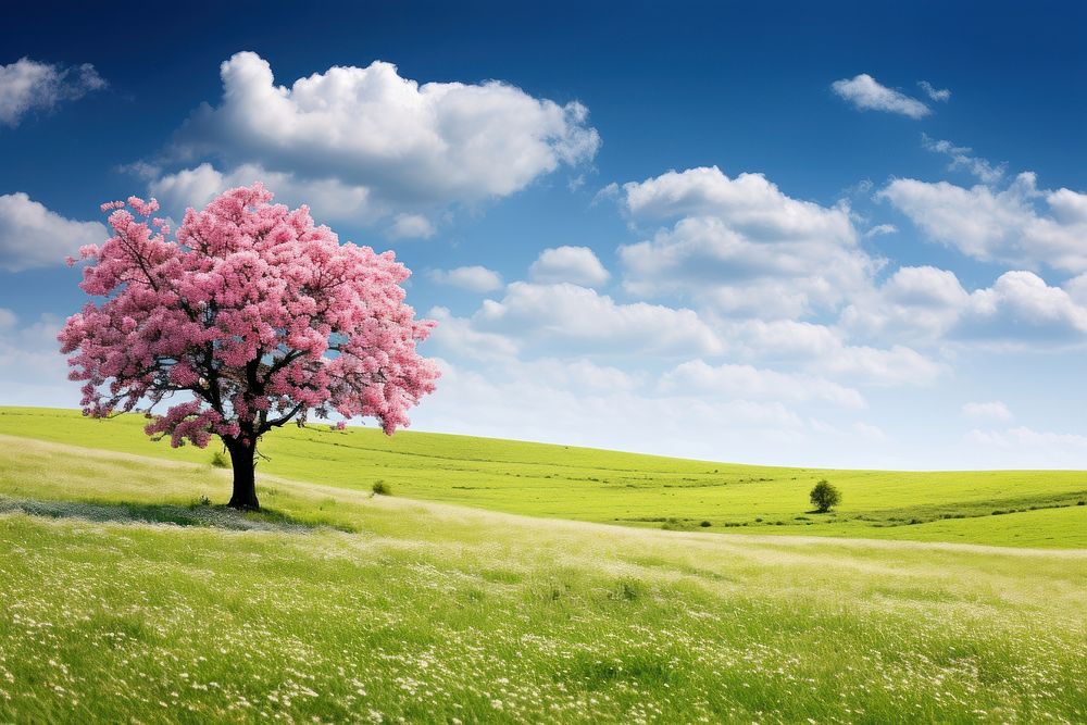 Hilly grass field with cherry blossom trees landscape grassland outdoors.