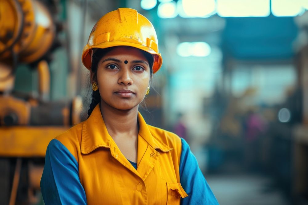 Indian women engineer hardhat helmet architecture.