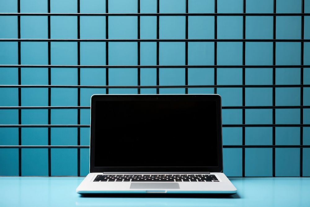 A laptop is on a black grid fence computer screen blue.