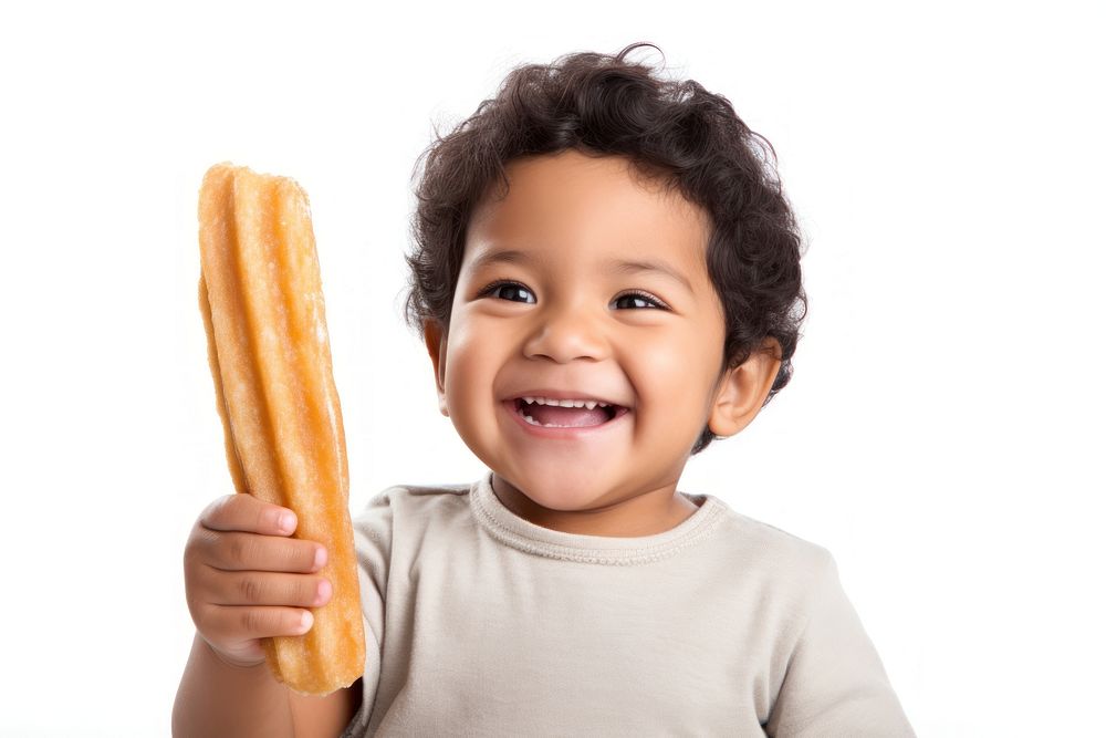 Smiling holding bread food.