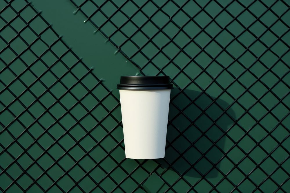 A paper coffee cup is on a black grid fence green wall mug.