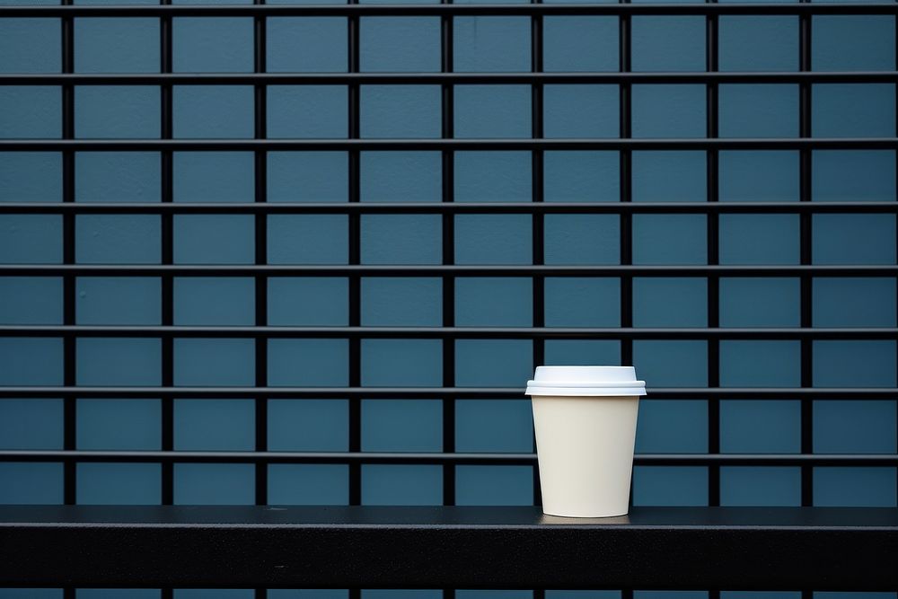 A paper coffee cup is on a black grid fence wall architecture blue.