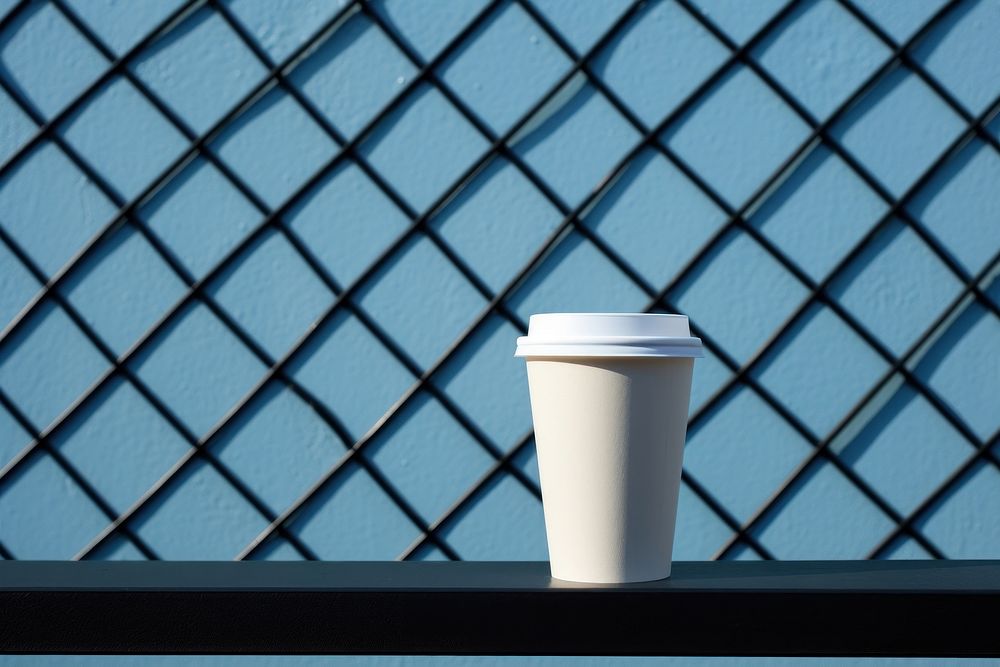 A paper coffee cup is on a black grid fence white blue wall.