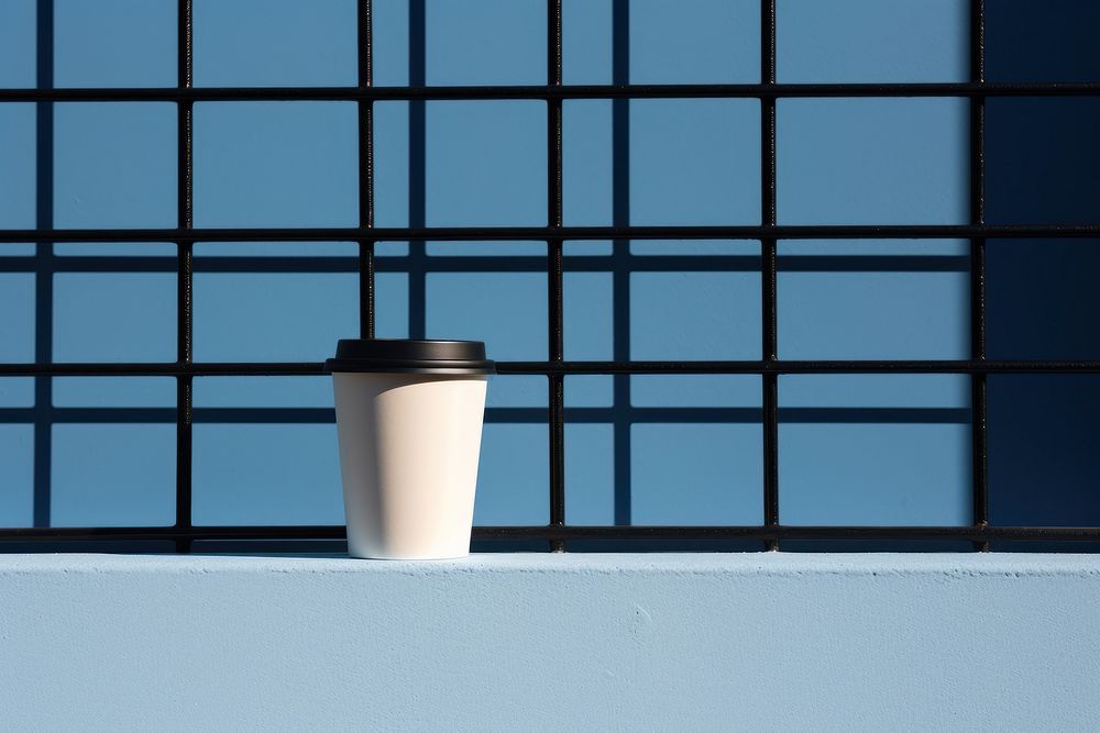 A paper coffee cup is on a black grid fence architecture wall blue.