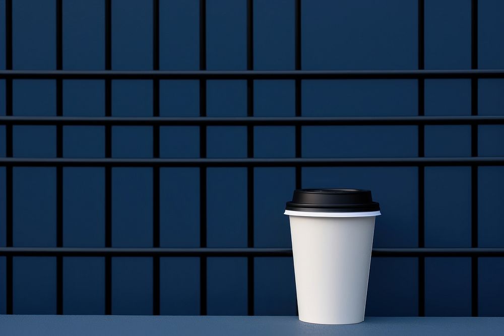 A paper coffee cup is on a black grid fence blue wall mug.