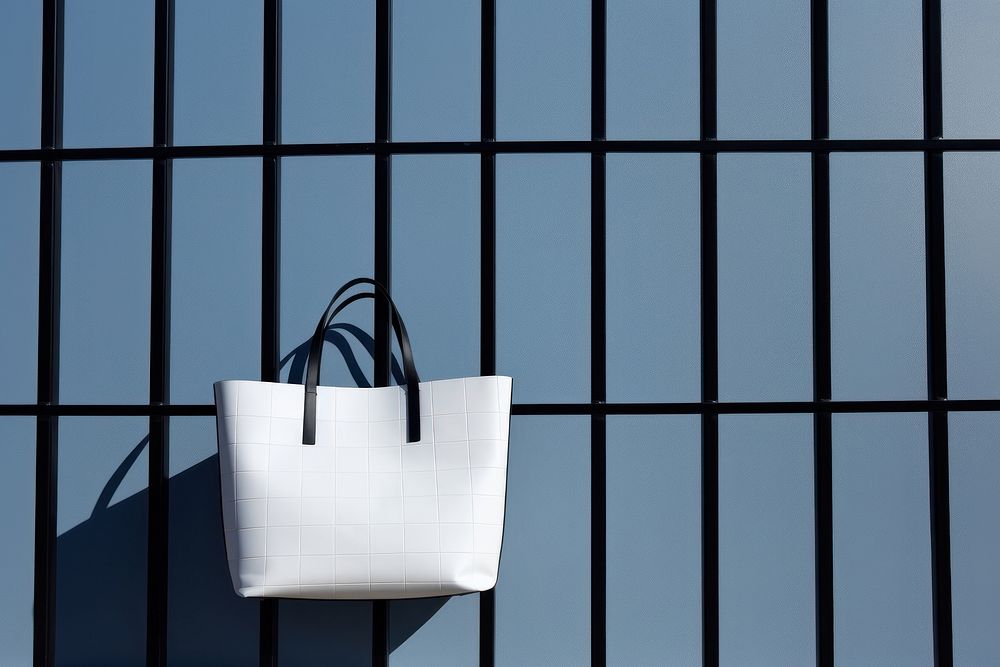 A white tote bag is hanging on a black grid fence handbag blue architecture.