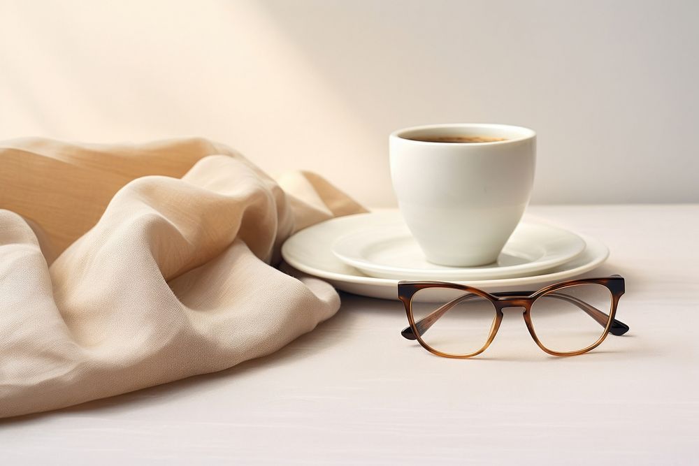 Glasses cup saucer coffee.