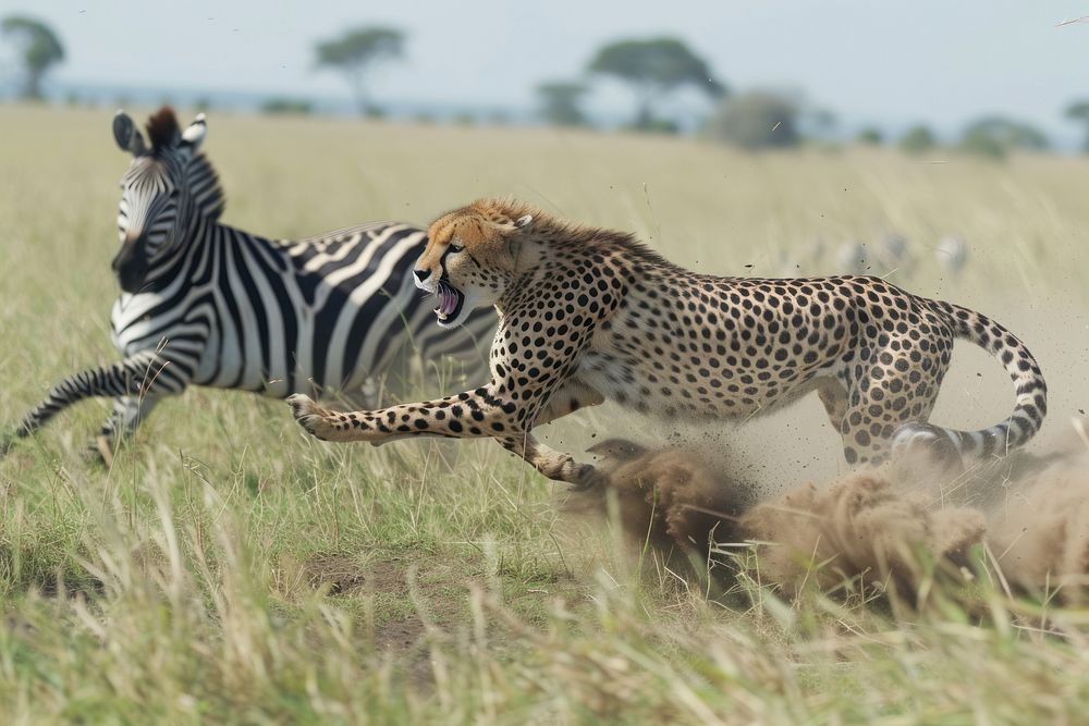 Cheetah chases zebra cheetah grassland wildlife.