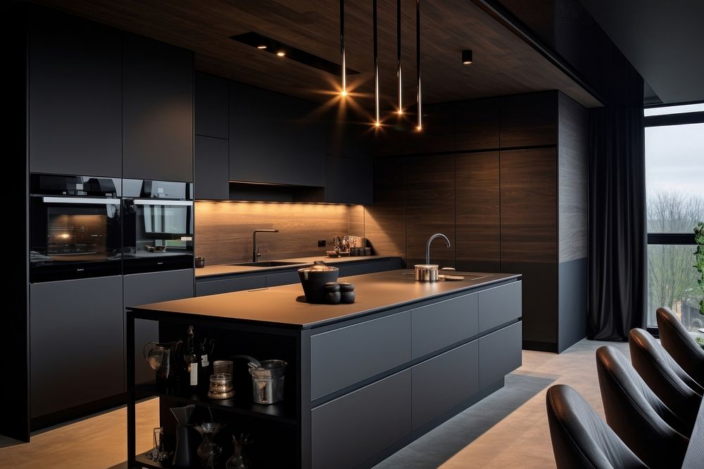 Dark and modern kitchen with black furniture sink architecture countertop.