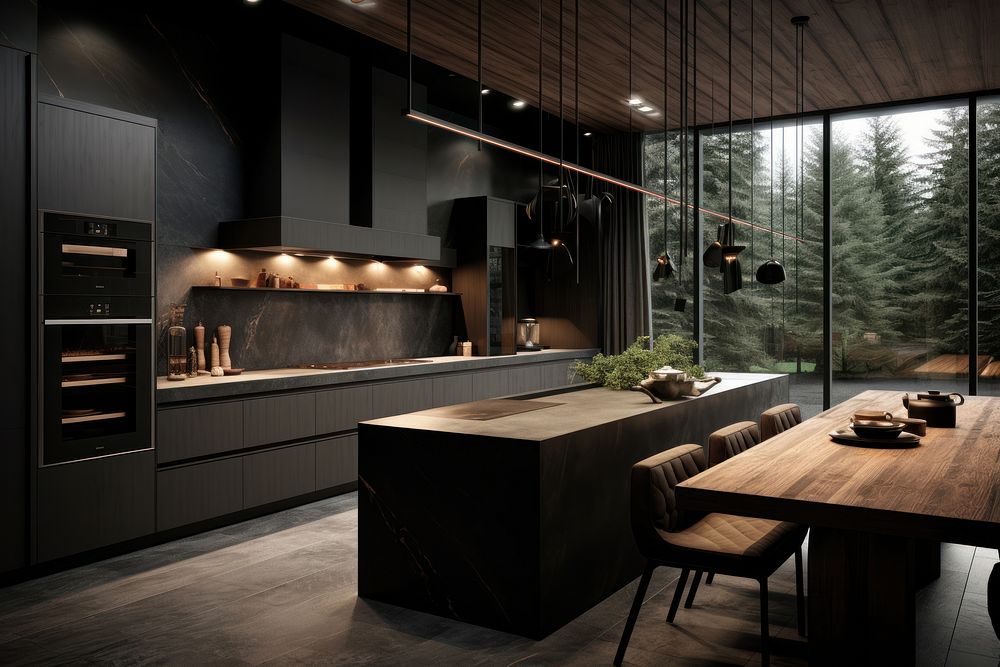 Dark and modern kitchen with black furniture wood architecture building.