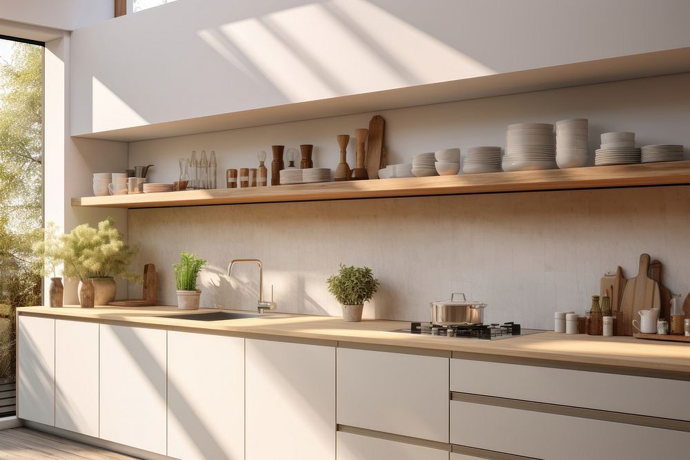 Detail of modern kitchen interior furniture cabinet shelf.