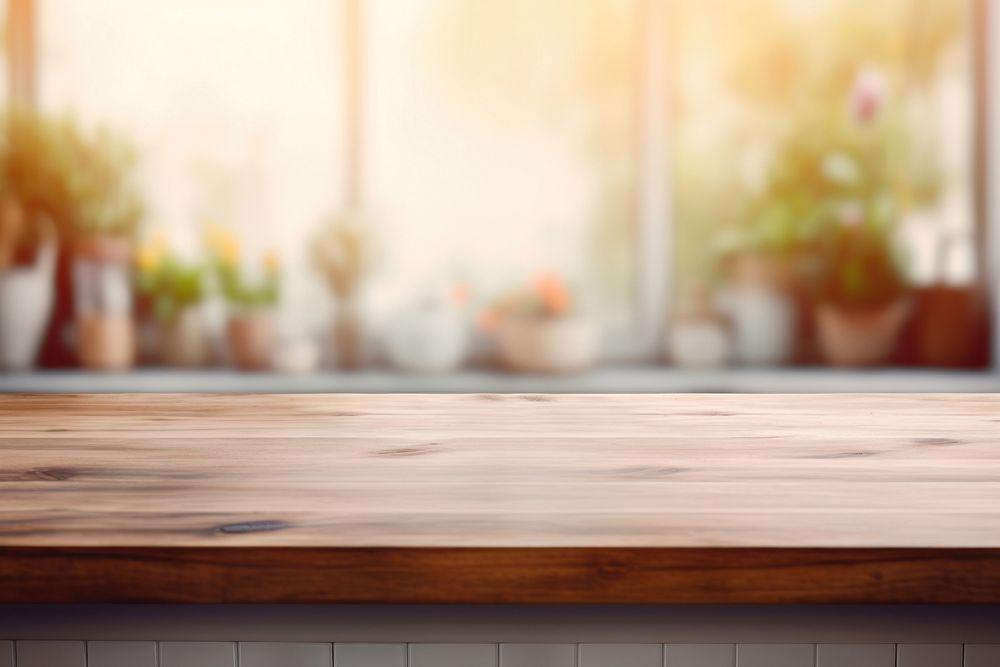 Wood table top and blur bokeh modern kitchen interior backgrounds window day.