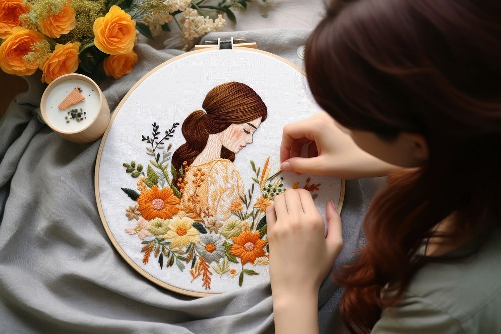 Female embroidering handmade female adult representation.