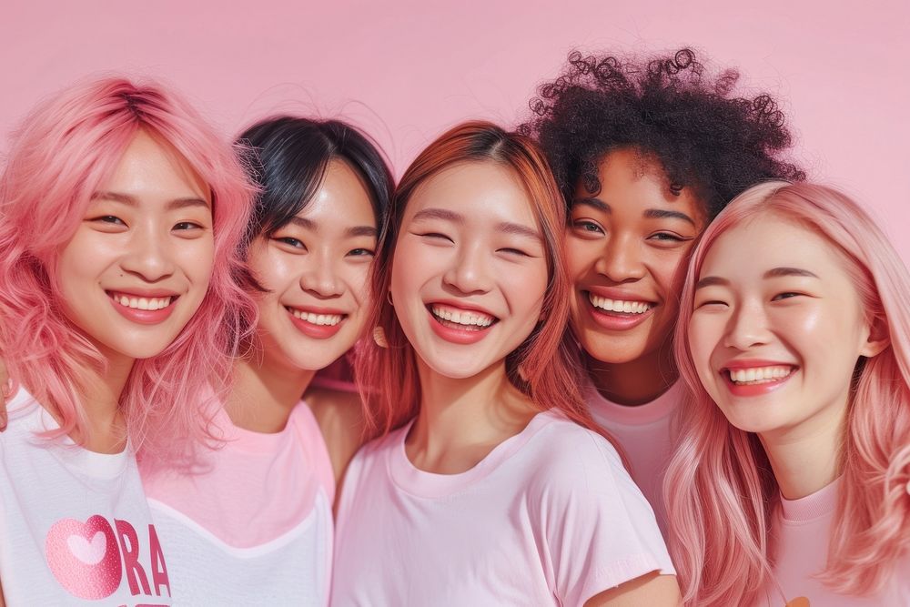 Happy mixed race asian women smile adult pink.