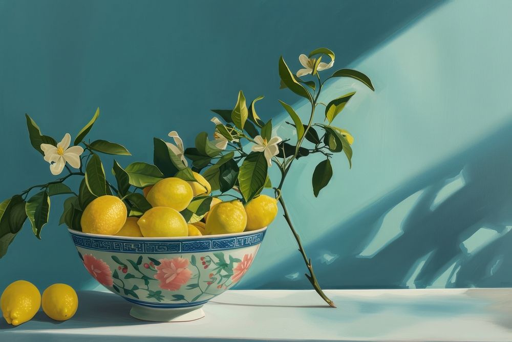 Lemons in the ceramic bowl painting fruit plant.