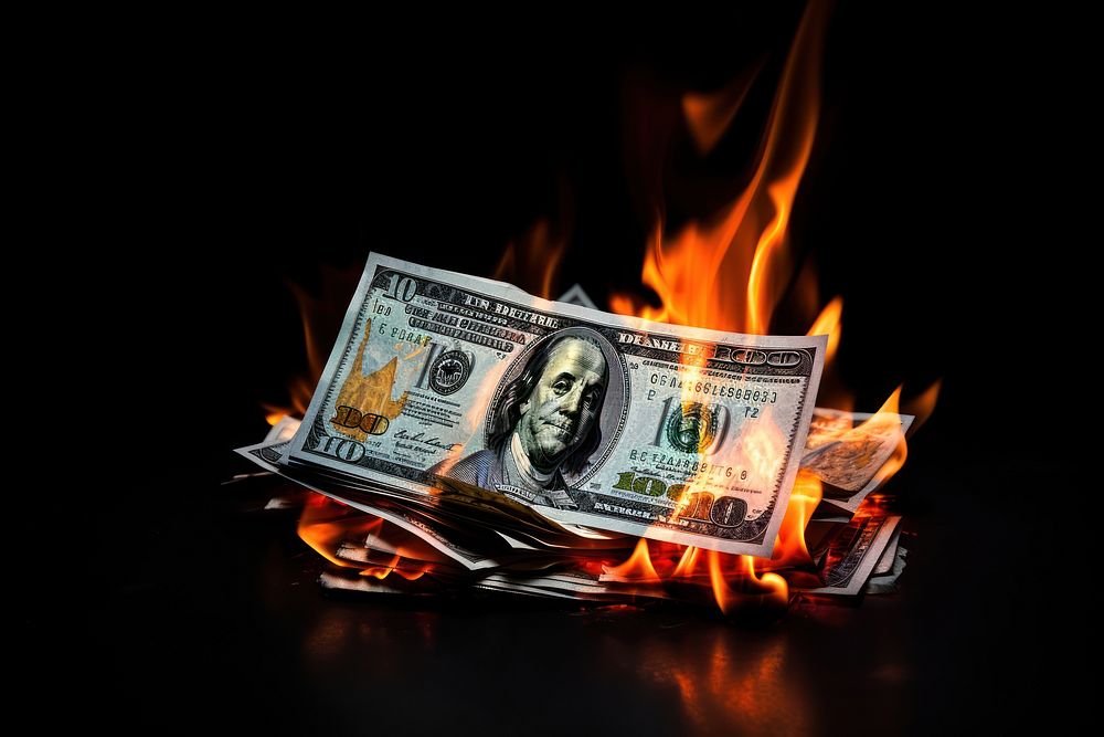 Money fire dollar black background.