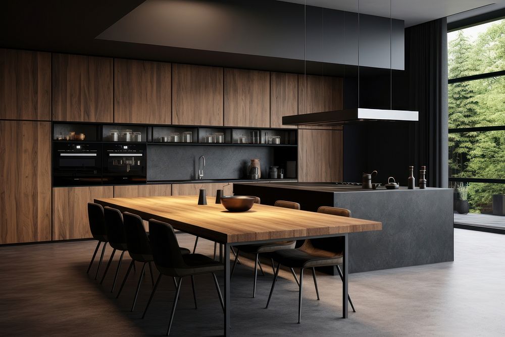 Modern Contemporary kitchen room interior wood architecture furniture.