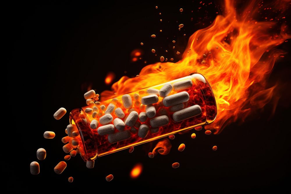 Pills fire flame black background.