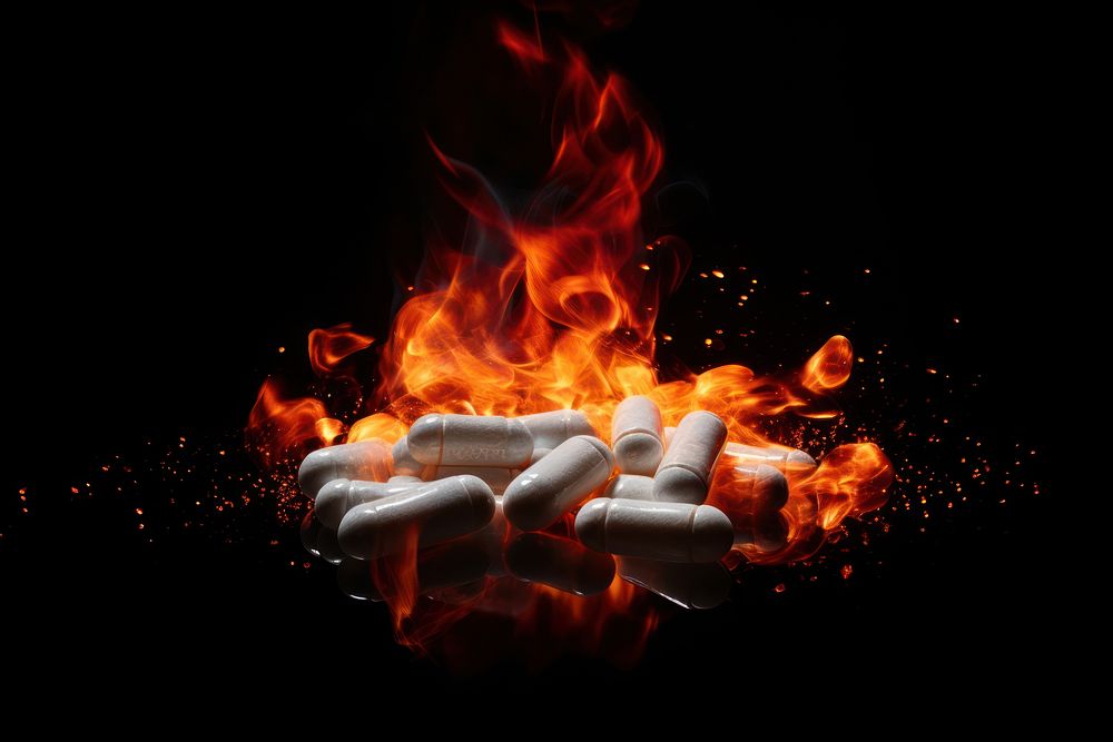 Pills fire flame black background.