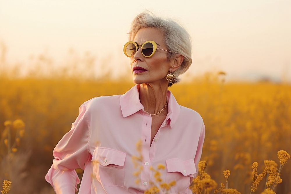 A senior woman wear white portrait sunglasses outdoors.
