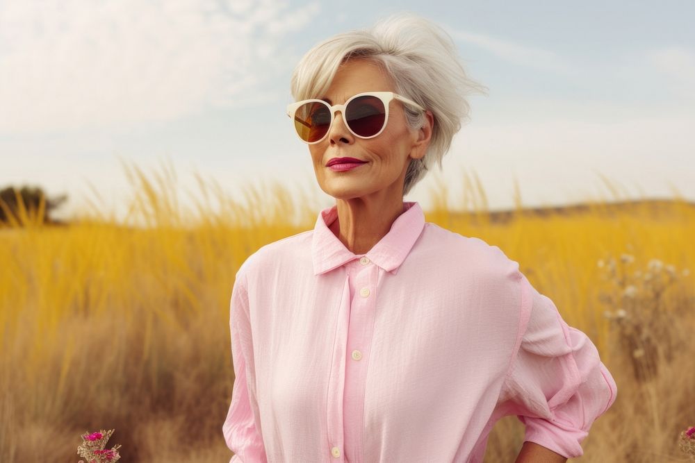 A senior woman wear white portrait sunglasses outdoors.
