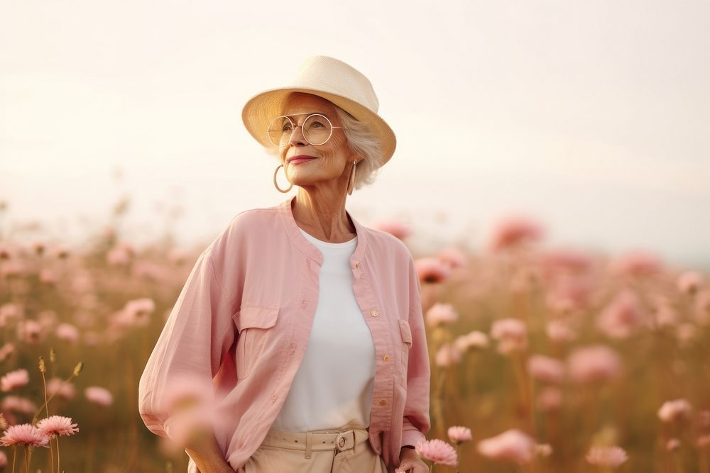 A senior woman wear white portrait outdoors fashion.