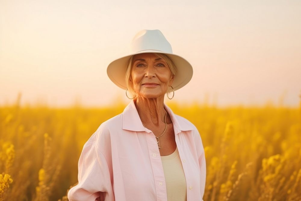 A senior woman wear white portrait outdoors yellow.