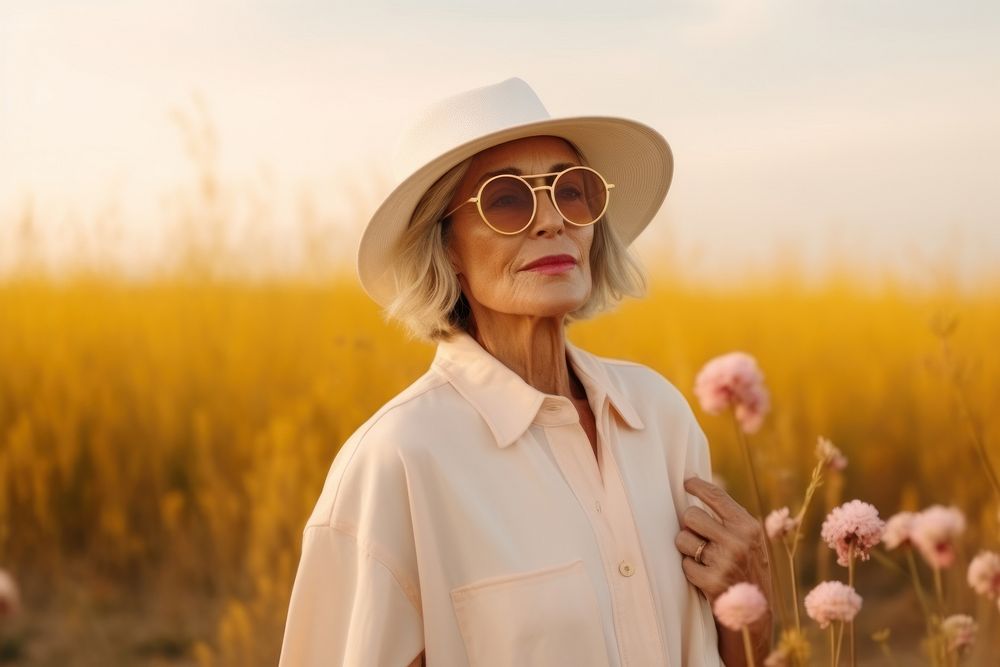 A senior woman wear white outdoors portrait glasses.