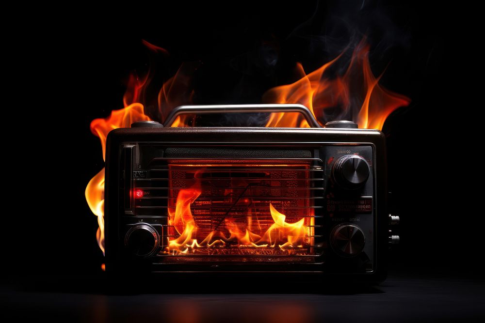 Radio fireplace appliance black background.