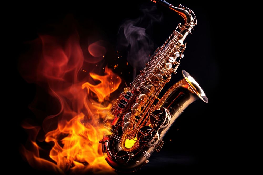 Saxophone fire flame black background.