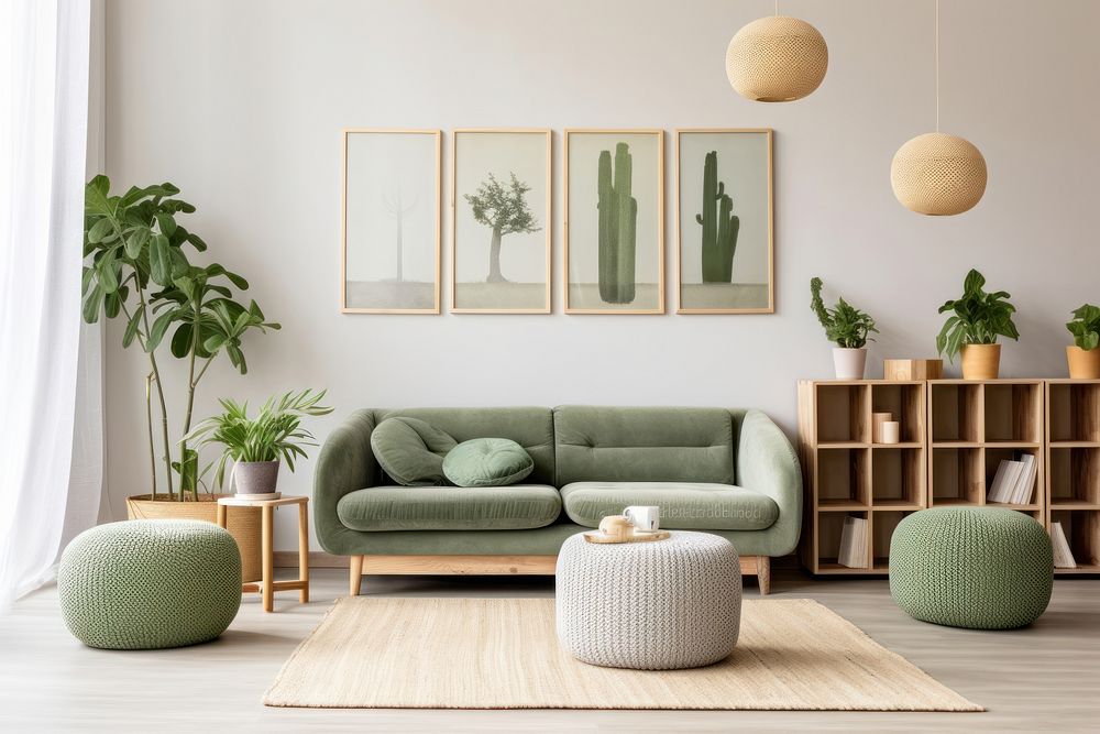Stylish scandinavian interior of living room furniture architecture cushion.