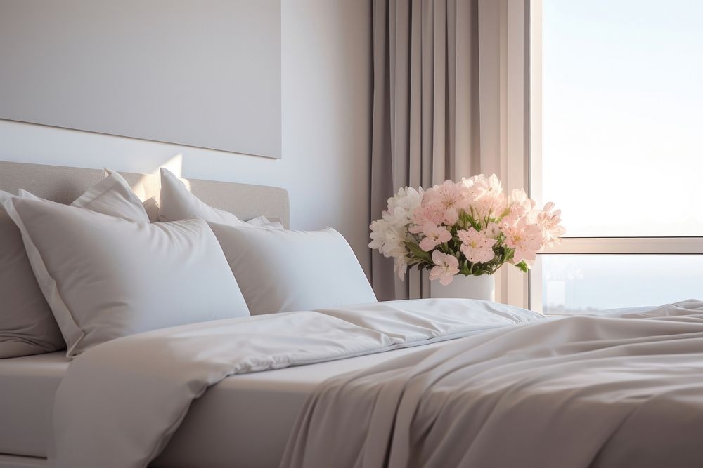 Detail of modern bed room interior furniture pillow flower.